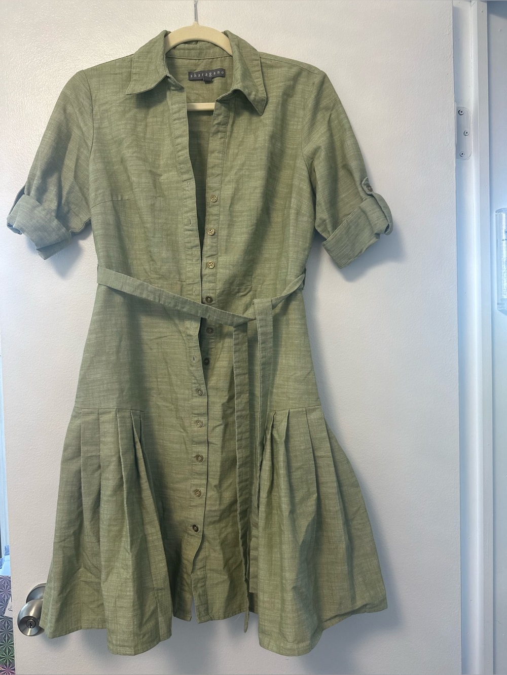 Lightweight Olive Green Button-Front Shirt Dress with Belt